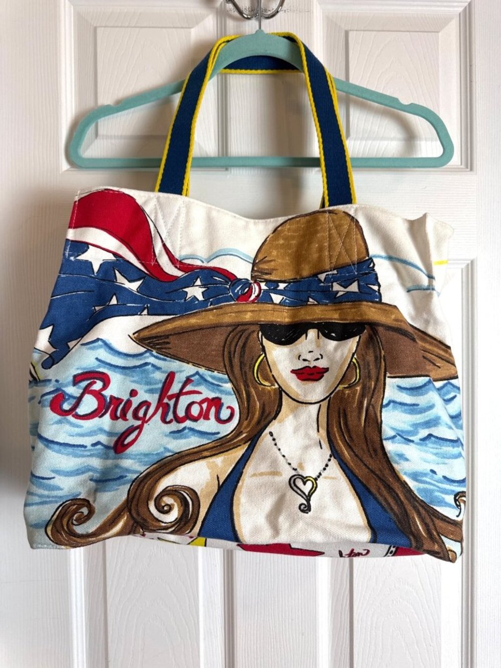 Brighton Chic Ahoy Canvas Tote Bag Beach Nautical Yellow Blue Red Handles